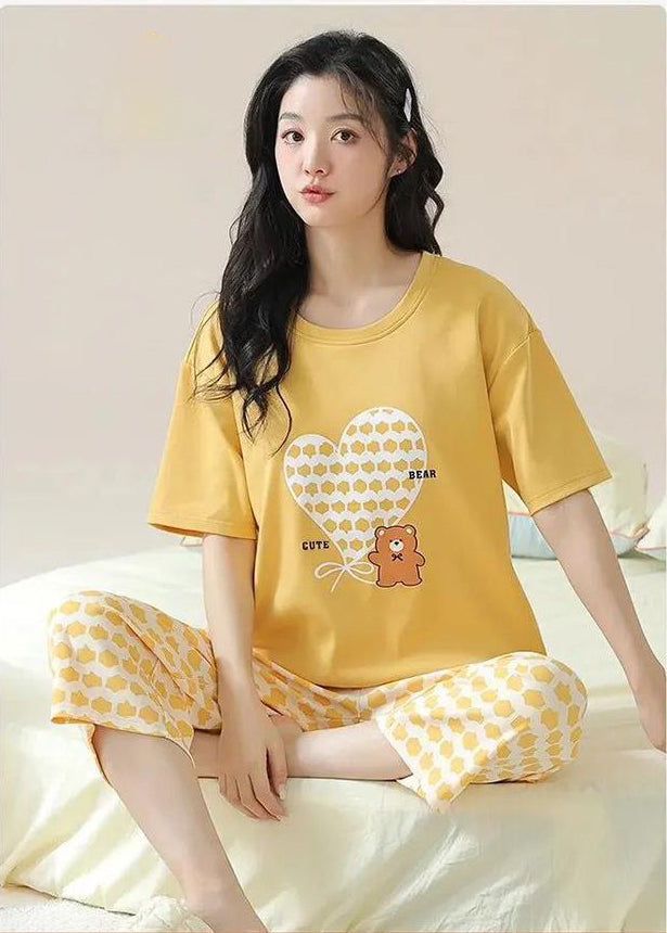 printed yellow half sleeves night wear